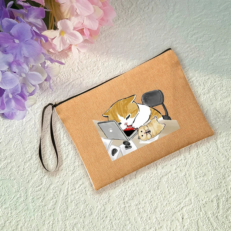 Cats Print Linen Makeup Bag Bachelorette Clutch Holiday Organizer Case