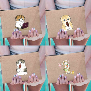 Cats Print Linen Makeup Bag Bachelorette Clutch Holiday Organizer Case