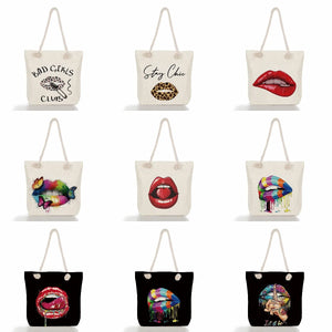 Leopard Lips Print Linen Travel Beach Bag Shoulder Bag