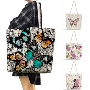 Summer Floral Butterfly Print Linen Tote Bag Women Handbag