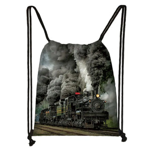 Locomotive Steam Train Backpack Kids School Bag Boys Girls Drawstring Bag
