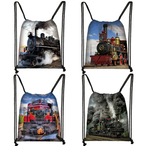 Locomotive Steam Train Backpack Kids School Bag Boys Girls Drawstring Bag