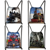 Locomotive Steam Train Backpack Kids School Bag Boys Girls Drawstring Bag