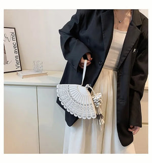 Vintage Chinese Traditional Fans Women Shoulder Bag Cross Body Chain Tassel