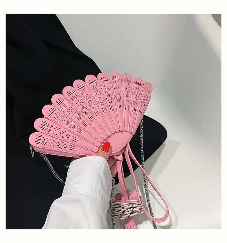 Vintage Chinese Traditional Fans Women Shoulder Bag Cross Body Chain Tassel