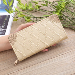 Long Wallet Women Purses Hollow Embossed Lingge Wallet Lady Sweet Clutch Wallet