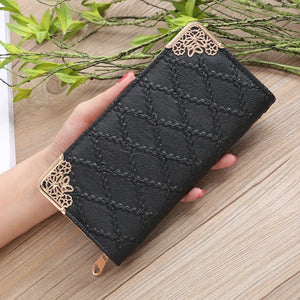 Long Wallet Women Purses Hollow Embossed Lingge Wallet Lady Sweet Clutch Wallet