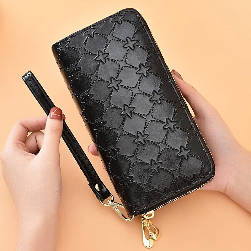 Embossed Long Wallet Women's Hand Bag Double Zipper Mobile Phone Bag