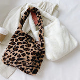 Heart Print Plush Shoulder Bag Leopard Handbag Warm Fluffy Bucket Bag