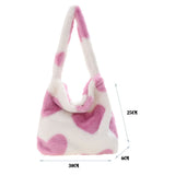 Heart Print Plush Shoulder Bag Leopard Handbag Warm Fluffy Bucket Bag