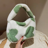 Love Heart Print Plush Shoulder Bag for Women Large Capacity Bucket Bag