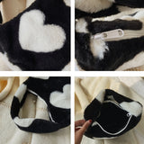 Love Heart Print Plush Shoulder Bag for Women Large Capacity Bucket Bag