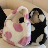 Love Heart Print Plush Shoulder Bag for Women Large Capacity Bucket Bag