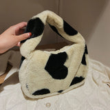 Love Heart Print Plush Shoulder Bag for Women Large Capacity Bucket Bag