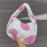 Love Heart Print Plush Shoulder Bag for Women Large Capacity Bucket Bag