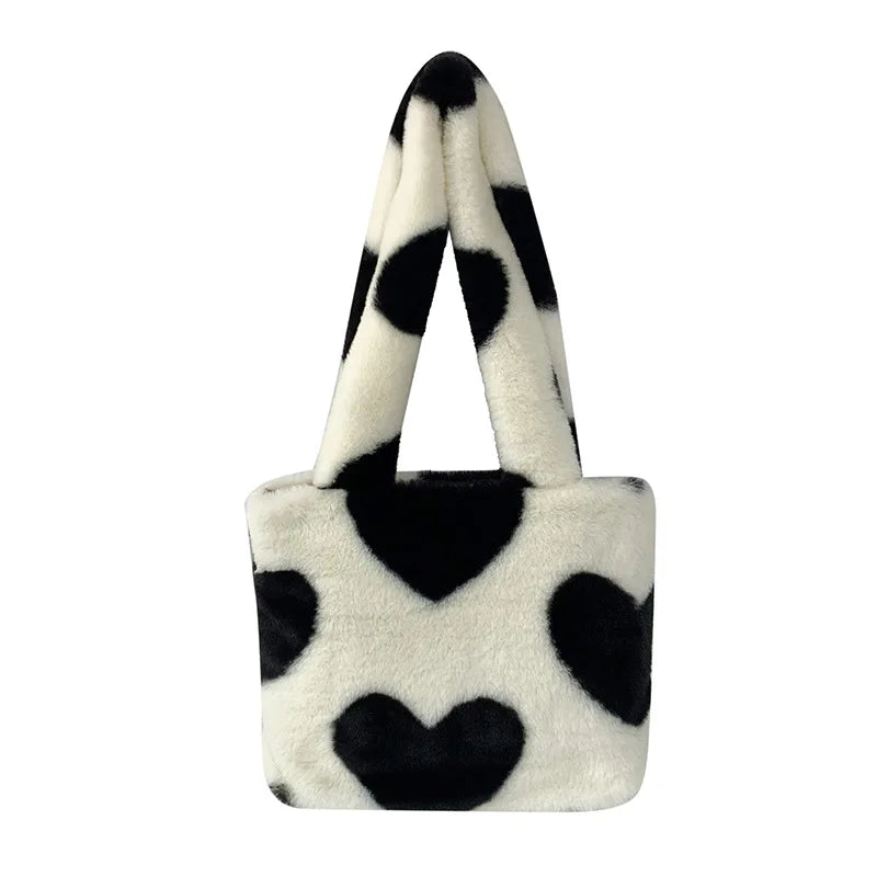 Love Pattern Plush Shoulder Bag Y2k Girls Underarm Bags