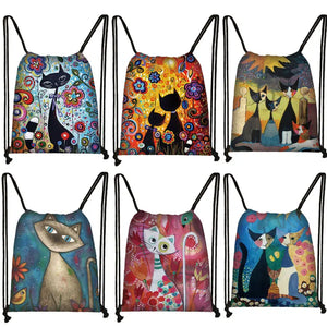 Animal Cat Pattern Women Drawstring Bag Canvas Traveling Backpack