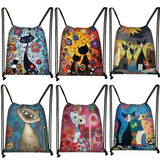 Animal Cat Pattern Women Drawstring Bag Canvas Traveling Backpack