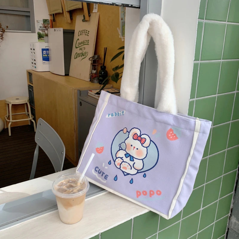 Animal Pattern Women's Canvas Shoulder Bags - Plush Handle Tote Handbags