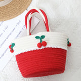 Lovely Cherry Women Handbag Cotton Thread Woven Bag