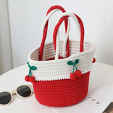 Lovely Cherry Women Handbag Cotton Thread Woven Bag