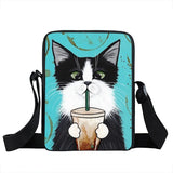 Coffee Cat Messenger Bag Animal Print Girls Bookbag Crossbody Handbag
