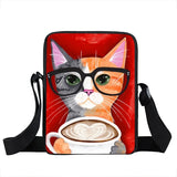 Coffee Cat Messenger Bag Animal Print Girls Bookbag Crossbody Handbag