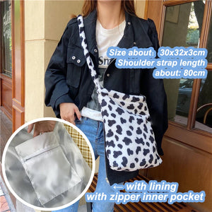 Cow Plush Messenger Bag Soft Shoulder Shopping Tote