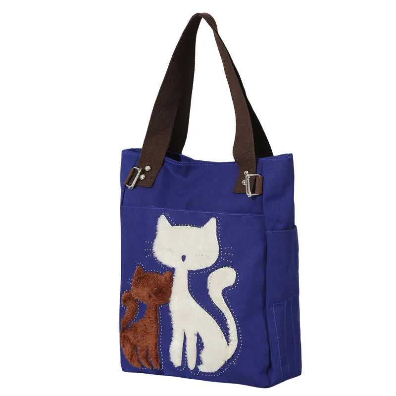 Cat Canvas Handbag Girls Ladies Large Capacity Casual Zipper Shoulder Bag