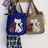 Cat Canvas Handbag Girls Ladies Large Capacity Casual Zipper Shoulder Bag