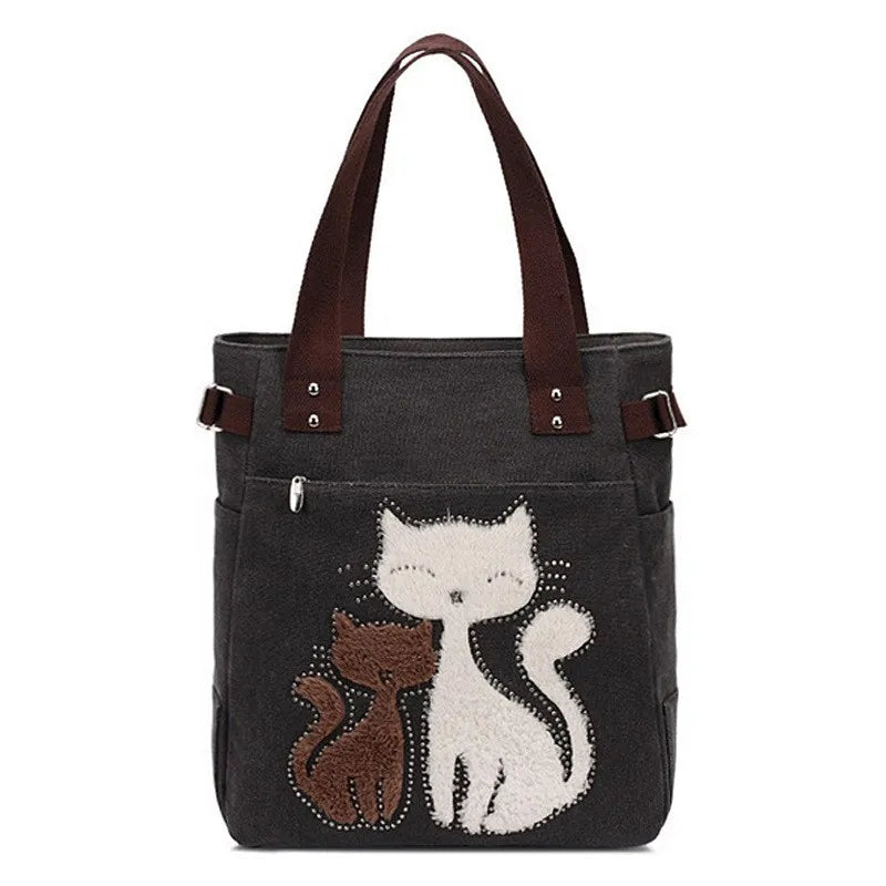 Cat Canvas Handbag Girls Ladies Large Capacity Zipper Shoulder Bag
