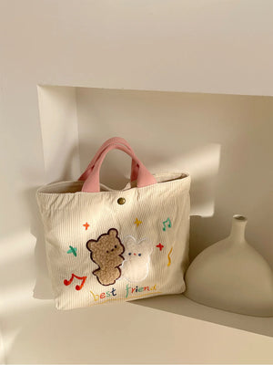 Embroidery Rabbit Women's Shoulder Bag Retro Corduroy Handbag