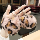 Leopard Print Pompom Keychain Girls Fluffy Keyring Faux Fur Ball Car Key Chain