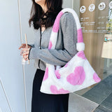 Heart Print Plush Shoulder Bag Women Casual Winter Hit Soft Small Shoulder Bags