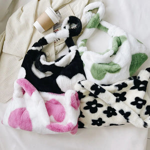 Heart Print Plush Shoulder Bag Women Casual Winter Hit Soft Small Shoulder Bags