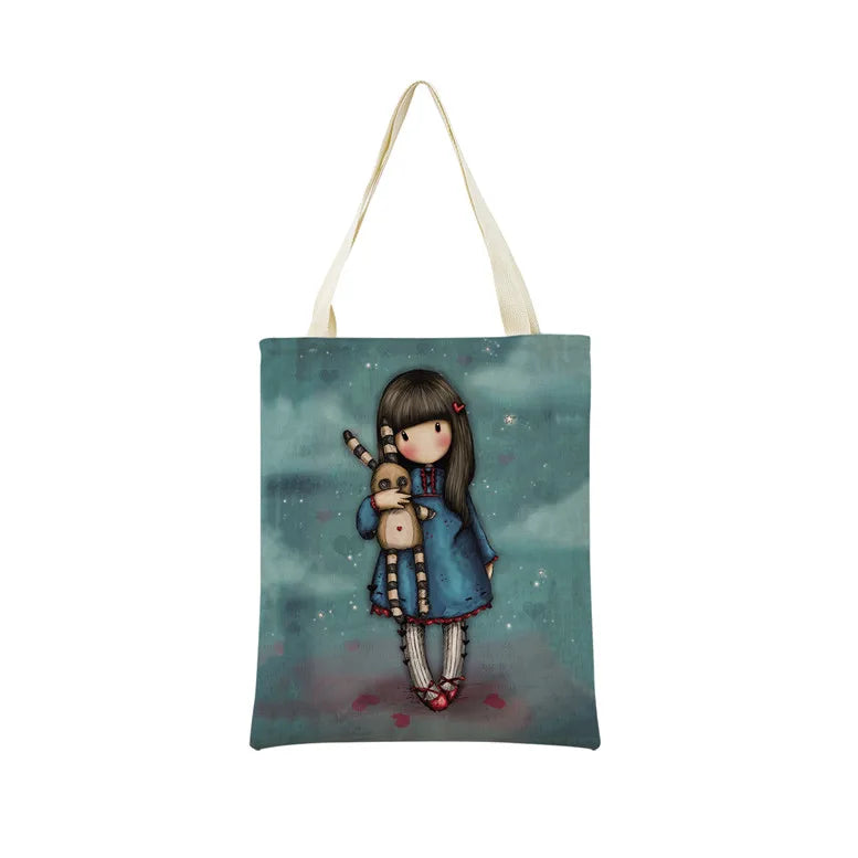 Cute Girl Double Side Print Foldable Shopping Bag Eco-friendly Book Handbag