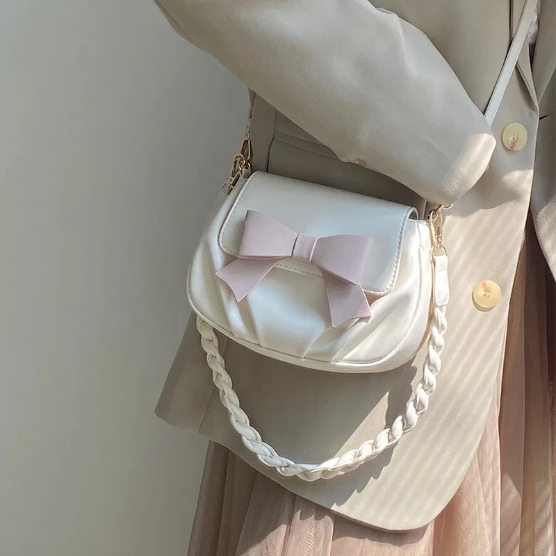 Pink Bow Small Crossbody Bag Women Shoulder Ruched Purse Handbag
