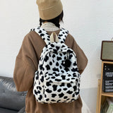 Plush Women Backpack Cow Spotted Travel Bag College School Bag