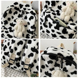 Plush Women Backpack Cow Spotted Travel Bag College School Bag