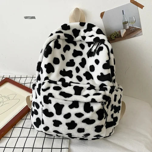 Plush Women Backpack Cow Spotted Travel Bag College School Bag