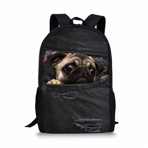 Cute Puppy Pug Denim Cat School Bag for Girls