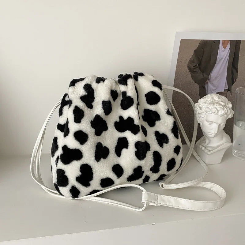 Soft Plush Women Messenger Bag Cow Pattern Furry Purse Handbag