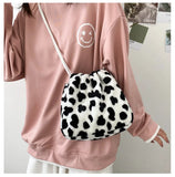 Soft Plush Women Messenger Bag Cow Pattern Furry Purse Handbag