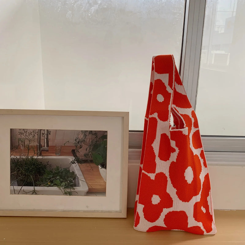 Women's Knitted Handbags Matching Flower Purse Tote Bags Large Capacity