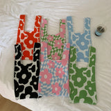 Women's Knitted Handbags Matching Flower Purse Tote Bags Large Capacity