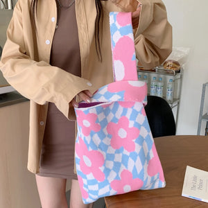 Women's Winter Knitted Handbags Matching Flower Purse Tote Bag