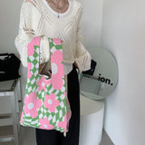 Women's Winter Knitted Handbags Matching Flower Purse Tote Bag