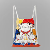 Lucky Cat Print School Backpack Girls Drawstring Bag String Bag