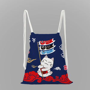 Lucky Cat Print School Backpack Girls Drawstring Bag String Bag