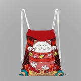 Lucky Cat Print School Backpack Girls Drawstring Bag String Bag